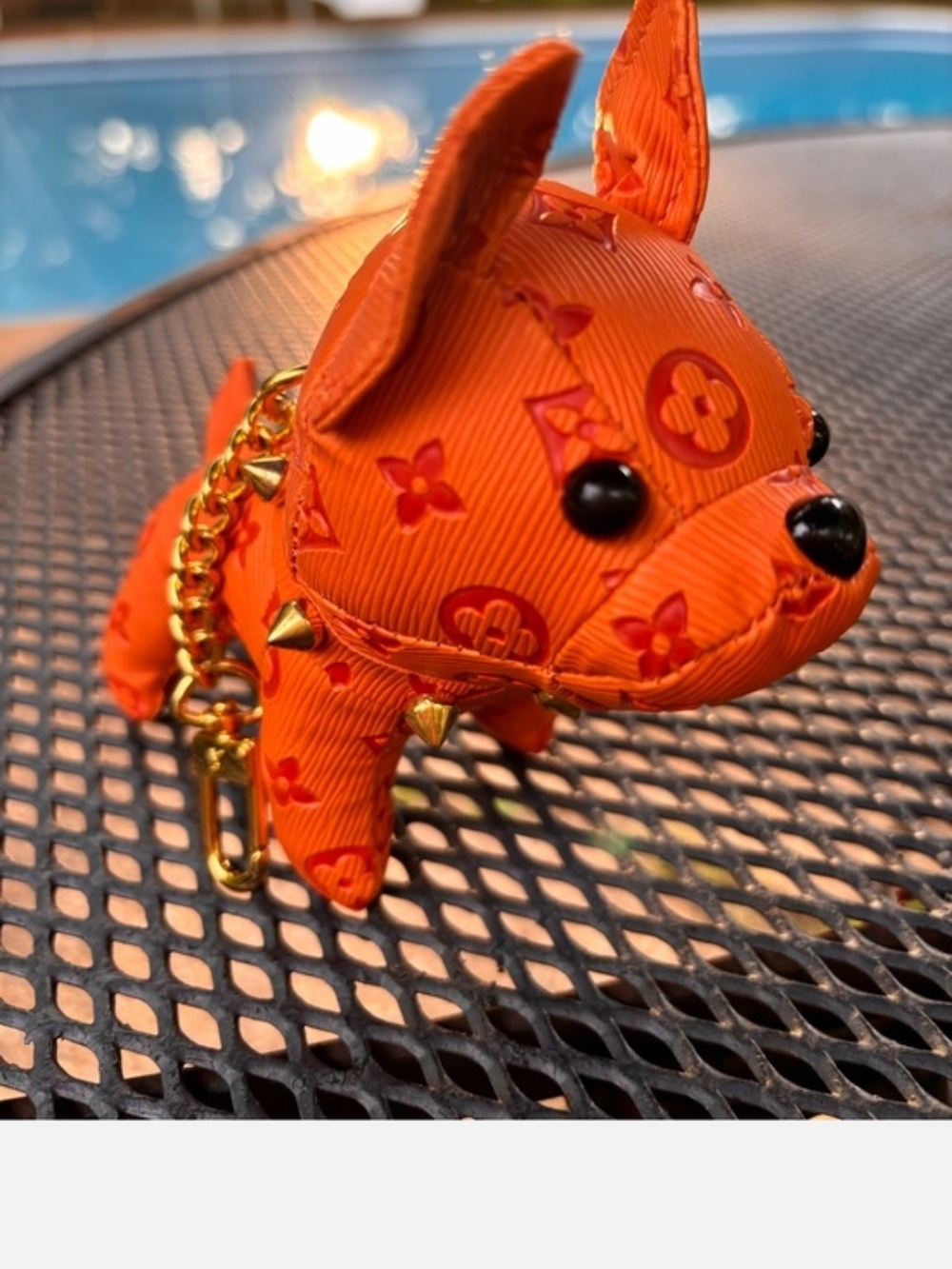 Orange Epi Leather Frenchie Dog Charm with Gold Studded Chain Adorable - Picture 2 of 8